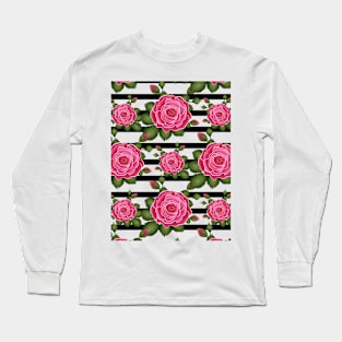 Roses With Stripes Pattern Long Sleeve T-Shirt